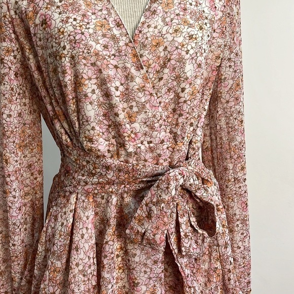 Japna Floral Faux Wrap Chiffon Dress Womens Size Medium Tiered Long Sleeves Pink - Picture 11 of 16